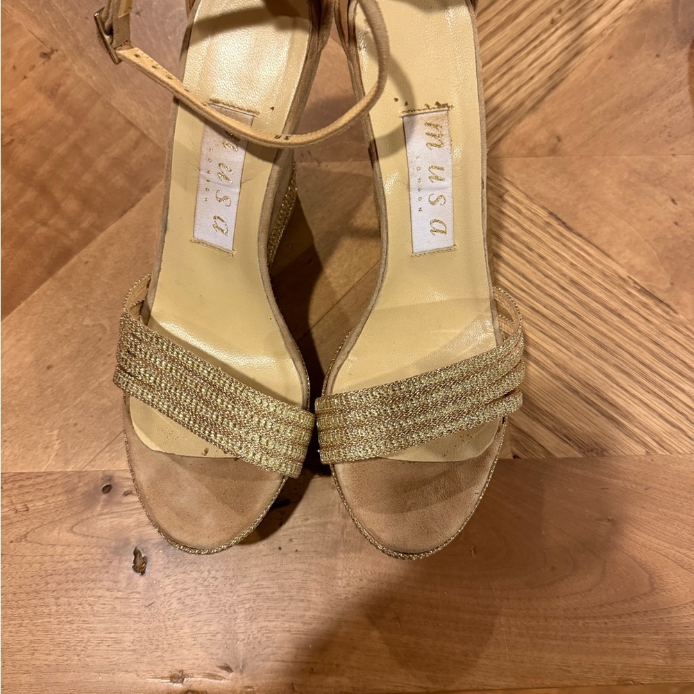 Musa London Wedge Sandals in Gold and Tan Suede